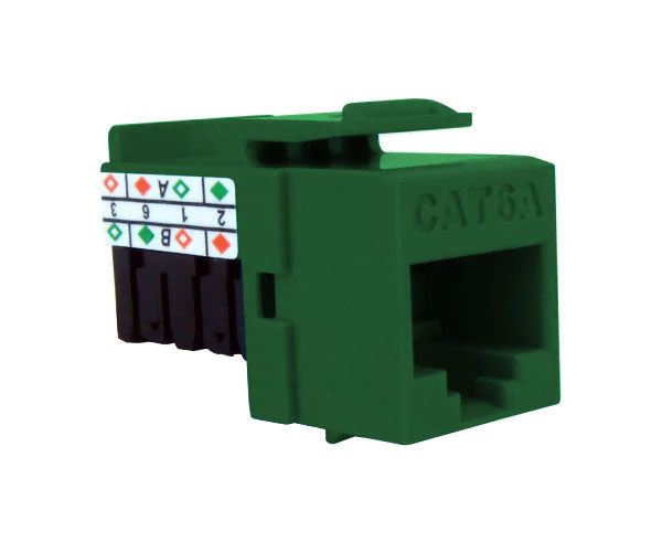 Green cat6a high-density unshielded rj45 keystone jack with 90-degree contacts.