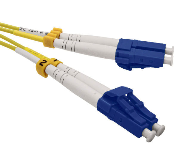 A pair of duplex LC single-mode connectors with blue body and yellow fiber.