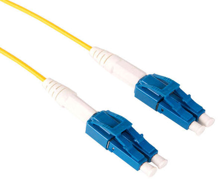 A pair of single-mode uniboot LC duplex connectors with yellow body.