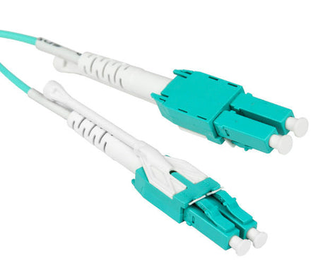 A pair of OM3 uniboot LC duplex connectors with pull/push tab and aqua body.