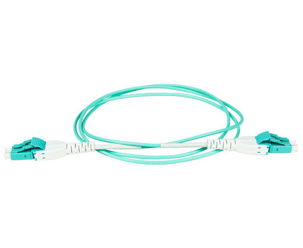 A coiled LC uniboot OM3 fiber patch cable with aqua body and fiber.