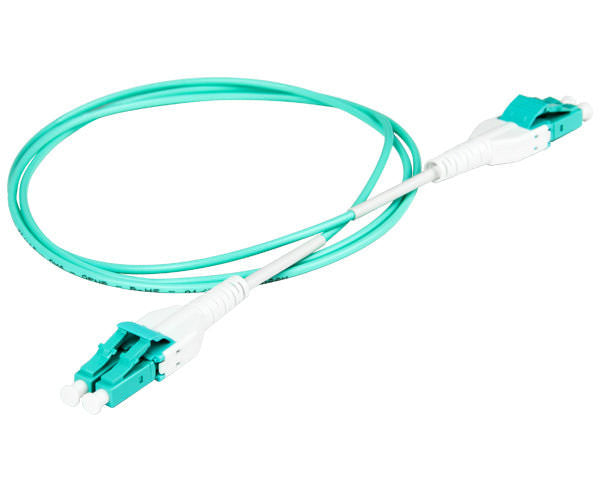 A coiled LC uniboot OM3 fiber patch cable with dust caps, aqua body and fiber.