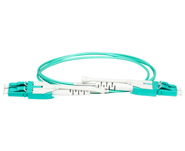 A coiled LC uniboot OM4 fiber patch cable with pull/push tab, aqua body and fiber.