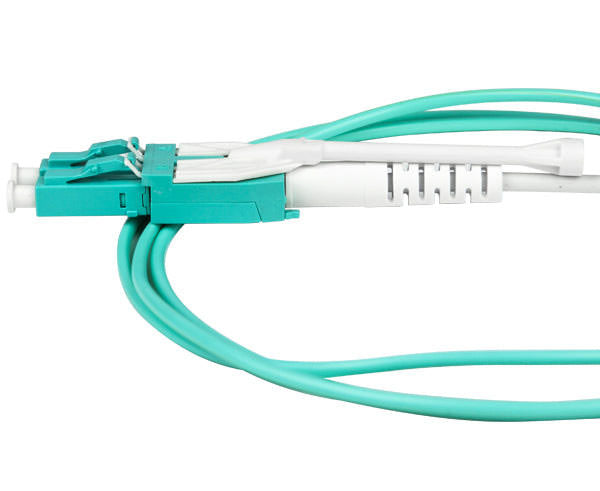 An OM4 uniboot LC duplex connector with pull/push tab and aqua fiber.