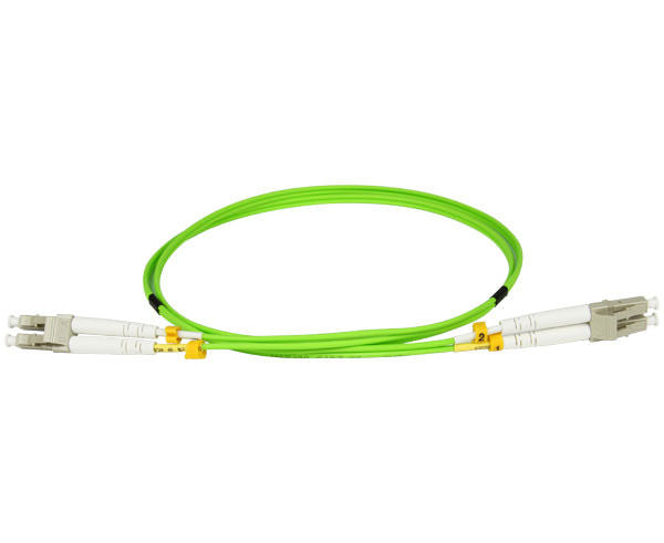 A coiled LC OM5 fiber patch cable with beige connectors and lime green fiber.