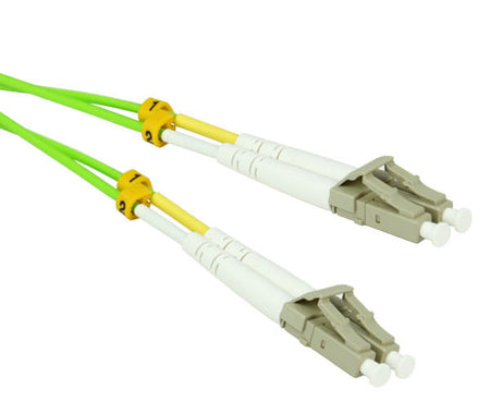 A pair of duplex LC OM5 connectors with beige body and lime green fiber.