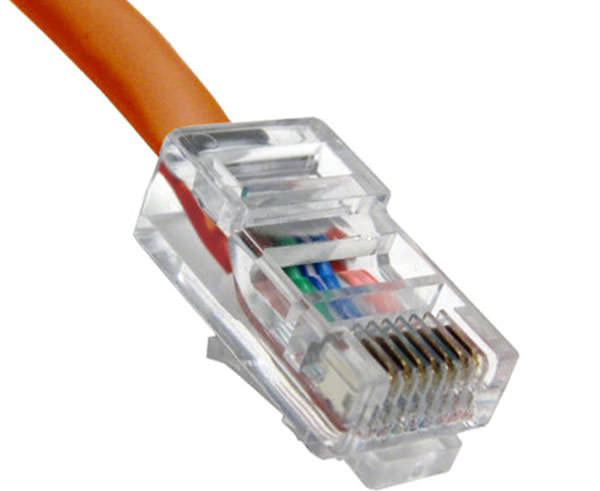 An orange non-booted Cat 5e Ethernet cable with gold plated contacts.