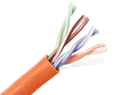 CAT5E plenum bulk ethernet cable with orange jacket.