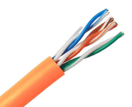CAT5E CM rated bulk ethernet cable with orange jacket.
