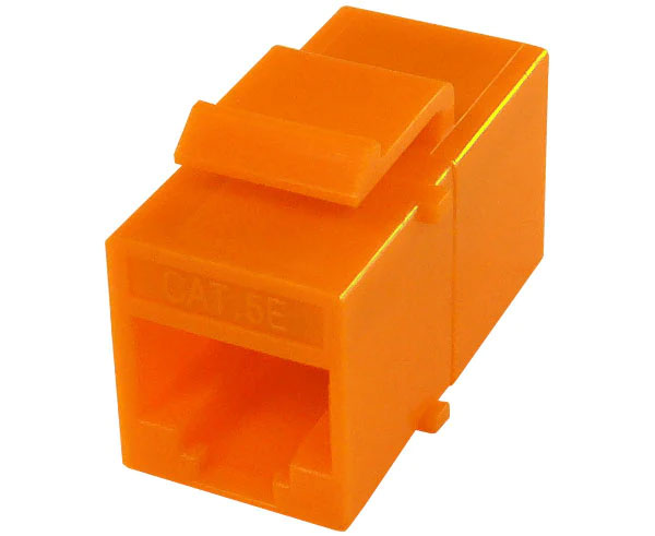 Orange cat5e inline coupler with keystone latch.