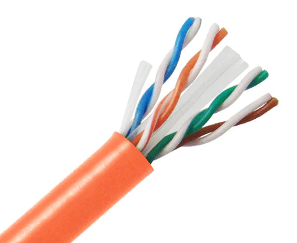 CAT6 23 AWG riser rated bulk ethernet cable with orange jacket.