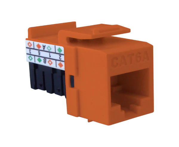 Orange cat6a high-density unshielded rj45 keystone jack with 90-degree contacts.