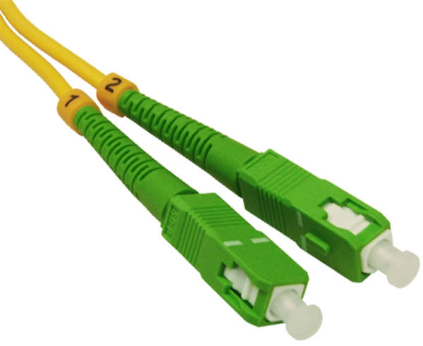 A pair of SC APC connectors with green body and dust caps.