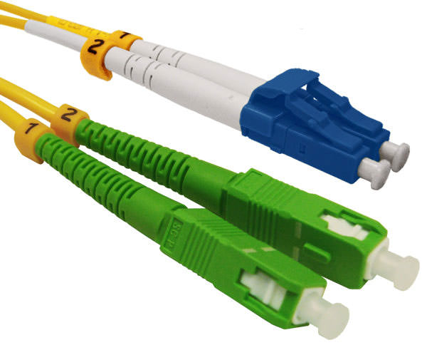 A pair of duplex LC UPC connectors with blue body and a pair of SC APC connectors with green body.