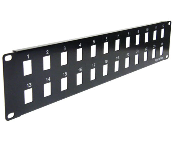A 24 port blank keystone patch panel with printed port numbers.