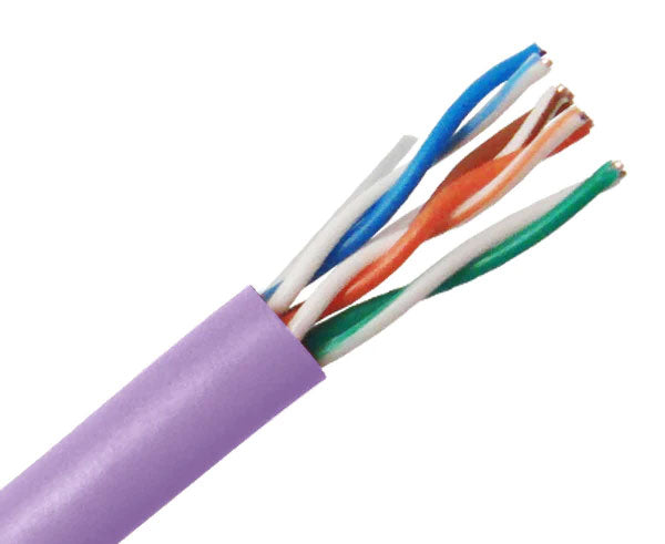 CAT5E CM rated bulk ethernet cable with purple jacket.