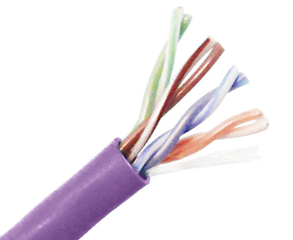 CAT5E CM rated stranded bulk ethernet cable with purple jacket.
