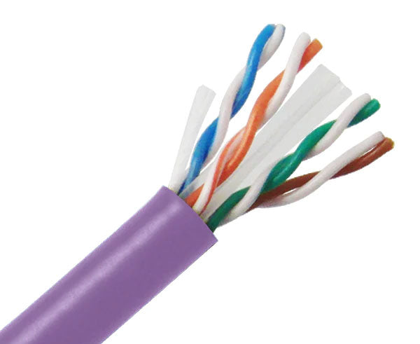 CAT6 23 AWG riser rated bulk ethernet cable with purple jacket.