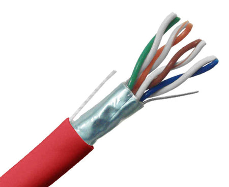 Shielded CAT5E plenum bulk ethernet cable with red jacket.