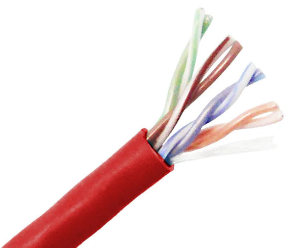CAT5E plenum bulk ethernet cable with red jacket.