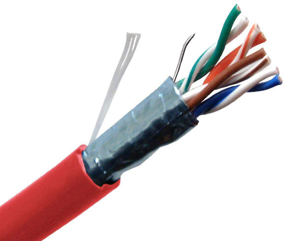 CAT5E CM rated shielded bulk ethernet cable with red jacket.