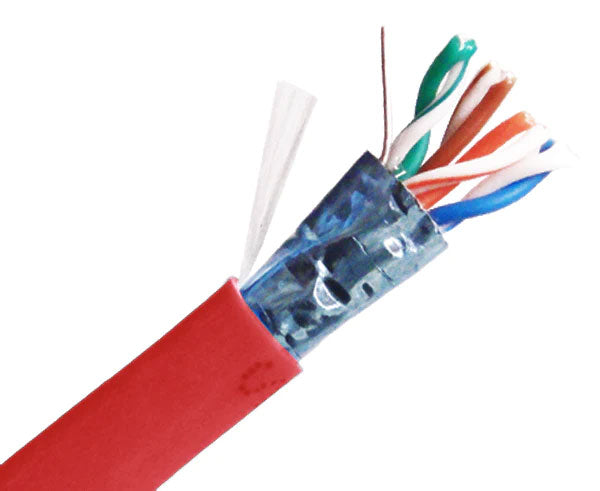 Shielded CAT5E riser rated bulk ethernet cable with red jacket.