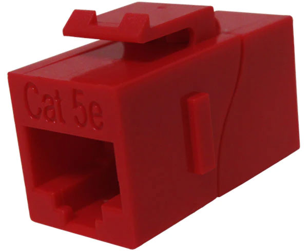 Red cat5e inline coupler with keystone latch.