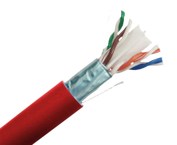 CAT6 shielded plenum bulk ethernet cable with red jacket.