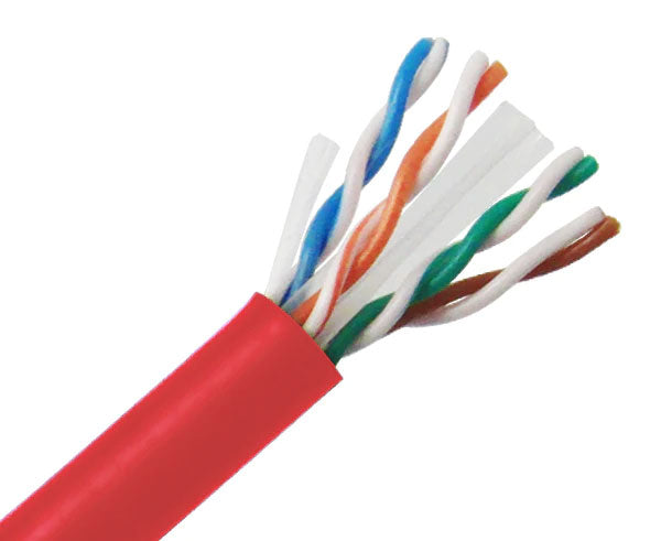 CAT6 23 AWG riser rated bulk ethernet cable with red jacket.
