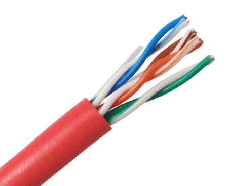 CAT6 CM rated stranded bulk ethernet cable with red jacket.