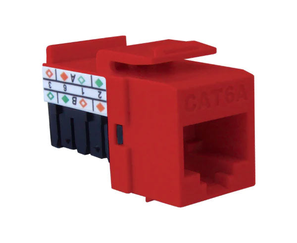 Red cat6a high-density unshielded rj45 keystone jack with 90-degree contacts.