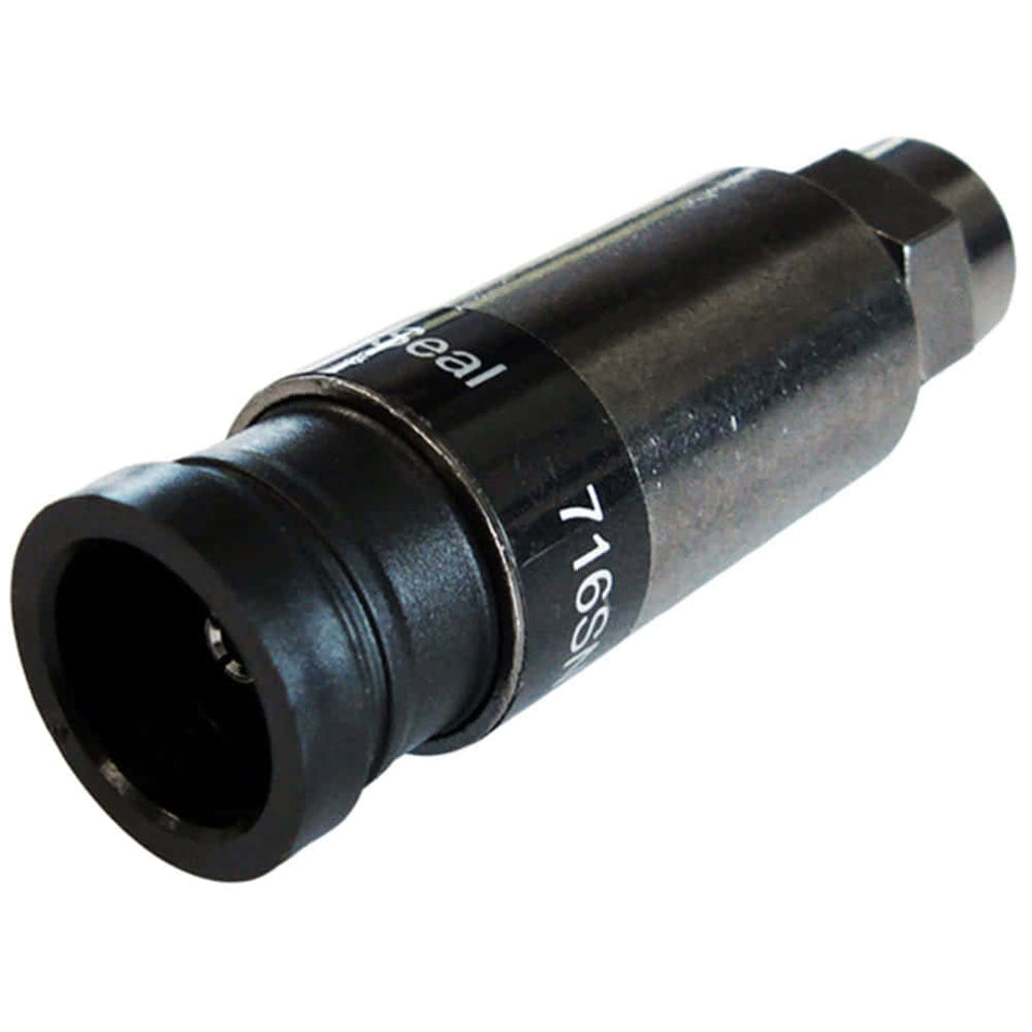 An RG11 f-type connector with 7/16in universal hex head and black ring.