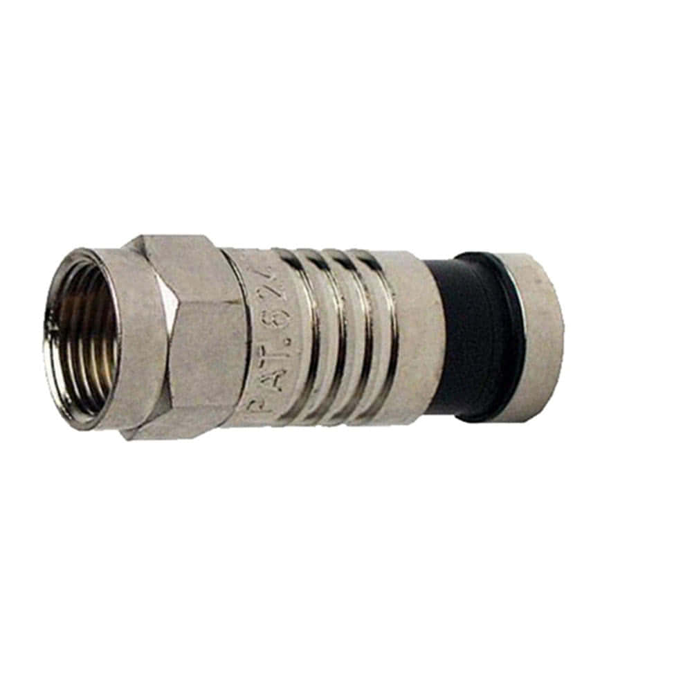 An rg59 f-type nickel compression connector with black ring.