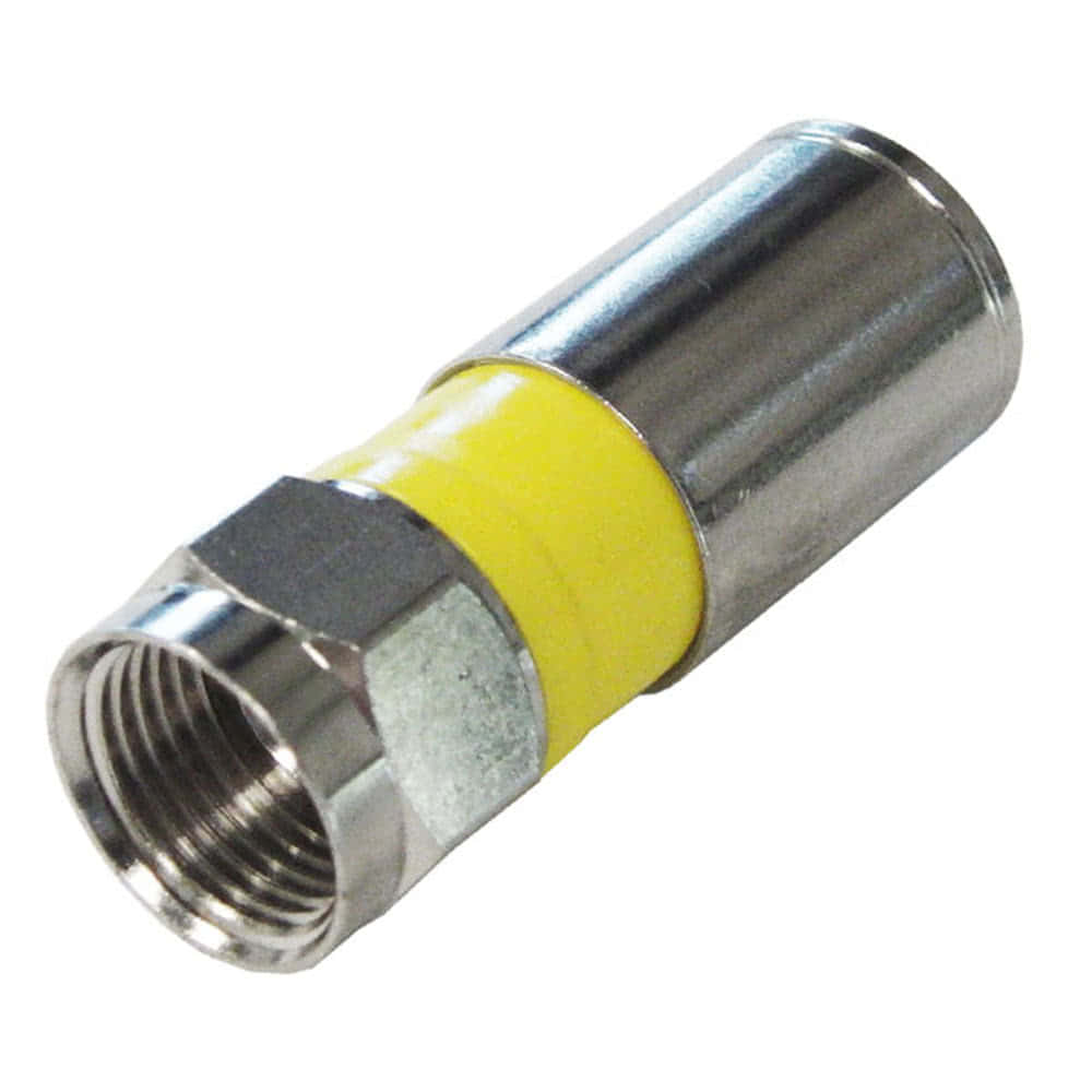 An rg6 standard shield, f-type connector with a yellow ring.