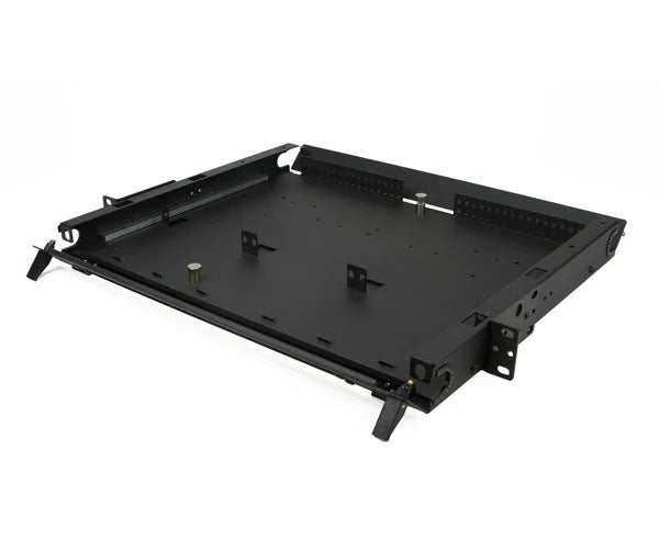 1U slide-out fiber distribution panel for three adapter panels without lid.