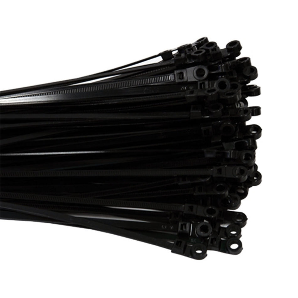 A pile of black cable ties with screw mount holes.