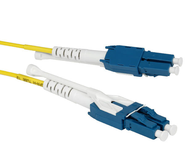 A pair of single-mode uniboot LC duplex connectors with pull/push tab and yellow body.