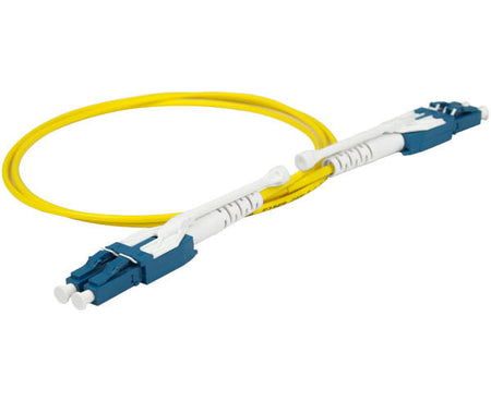 A coiled LC uniboot single-mode fiber patch cable with pull/push tab, blue body and fiber.