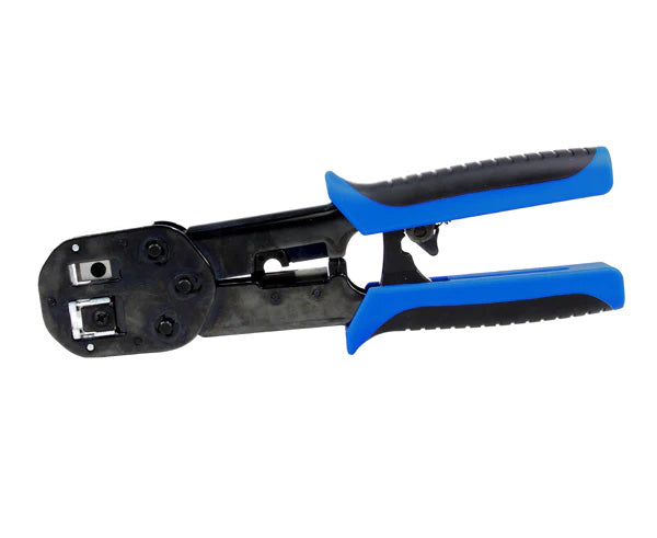 Ratchet crimp tool for quick-feed RJ45 plugs with blue and black handles in the locked position.