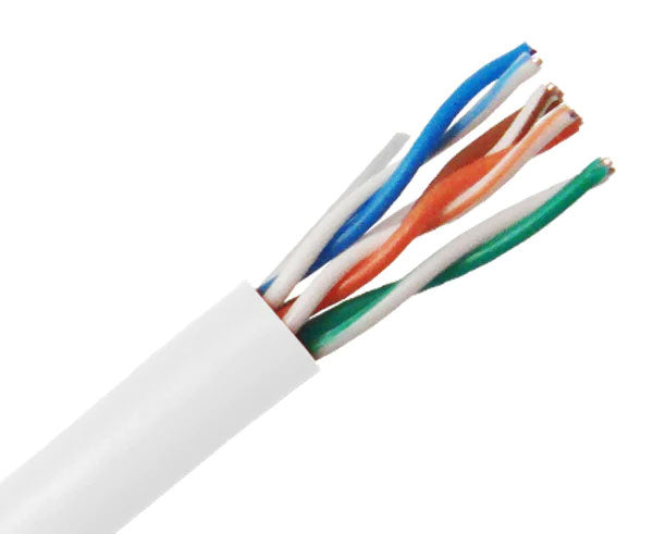 CAT5E CM rated bulk ethernet cable with white jacket.