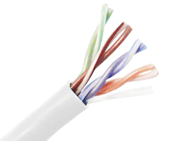 CAT5E CM rated stranded bulk ethernet cable with white jacket.