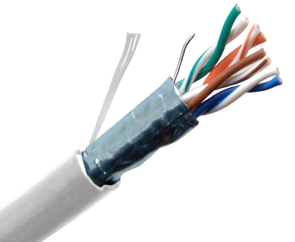 CAT5E CM rated shielded bulk ethernet cable with white jacket.