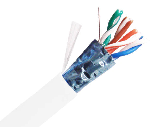 Shielded CAT5E riser rated bulk ethernet cable with white jacket.