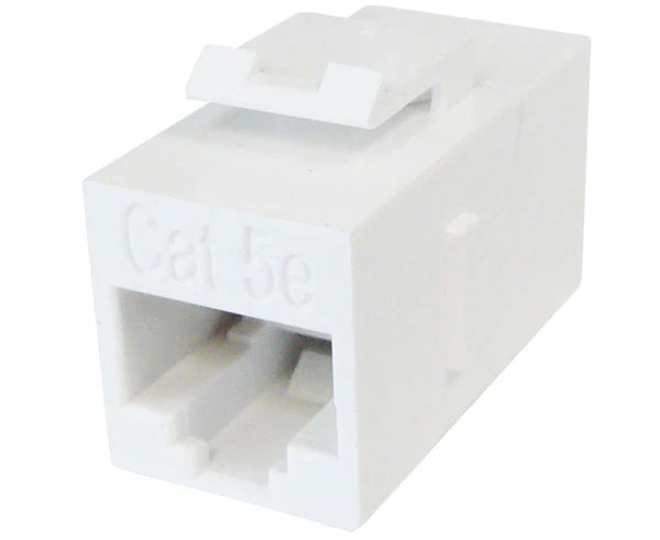 White cat5e inline coupler with keystone latch.