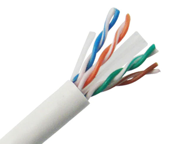 CAT6 23 AWG riser rated bulk ethernet cable with white jacket.