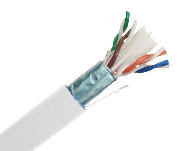 Shielded CAT6 riser rated bulk ethernet cable with white jacket.