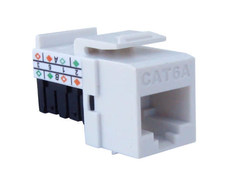 White cat6a high-density unshielded rj45 keystone jack with 90-degree contacts.