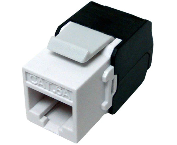 White cat6a high-density unshielded rj45 keystone jack with 180-degree contacts.