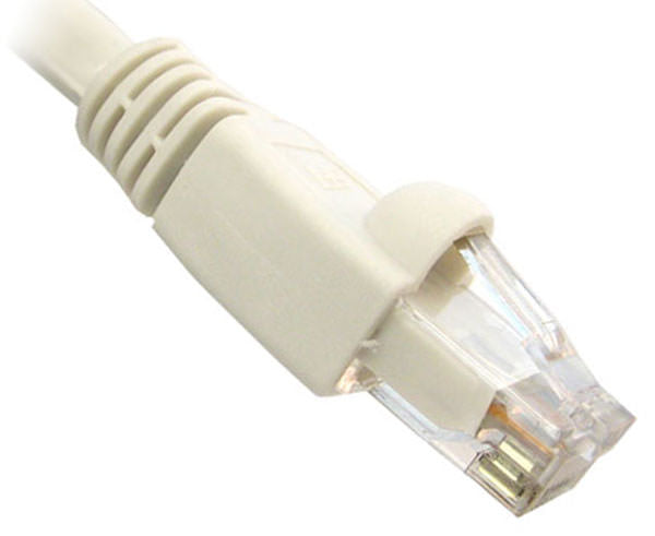 A white Cat 6a Ethernet cable with snagless molded boots.
