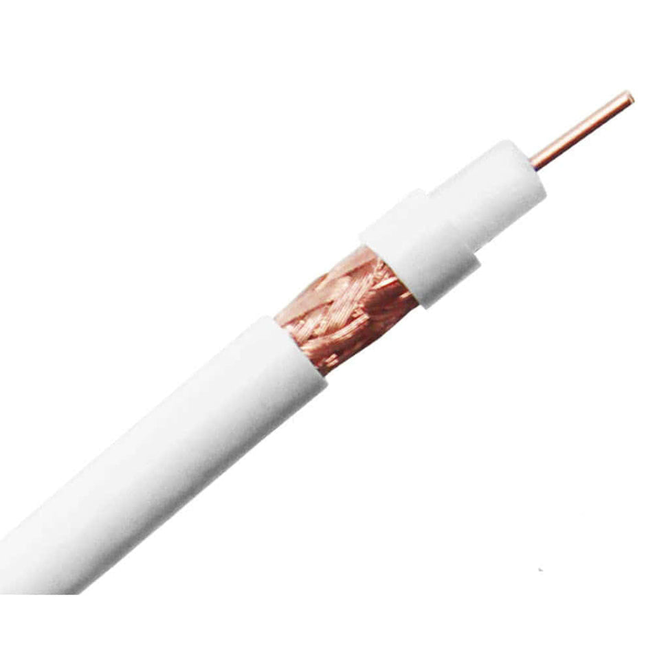A 20 awg RG59 coaxial cable with white jacket and bare copper braid shield.